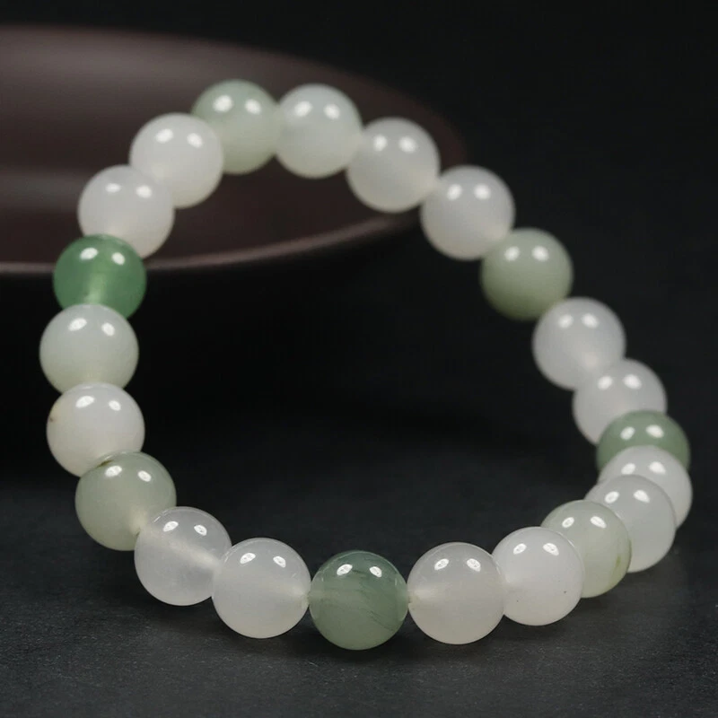 7 Zoll & 8 mm Zertifiziert 100 % Natürlich Klasse A Weiß Grün Jade Armband Armreif 48086