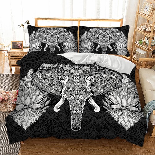 Black Elephant Floral Mandala Quilt/Doona/Duvet Cover Set Single Queen King Size - Picture 10 of 13