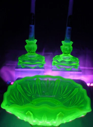 MINT+PERF~VINTAGE~50s"FENTON GLASS"TOPAZ"VASELINE"OPALESCENT"CACTUS"3 pc"CONSOLE