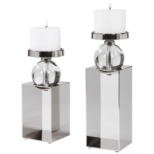 Lucian Polished Nickel Pillar Candle Holders Set of 2 - Picture 3 of 4