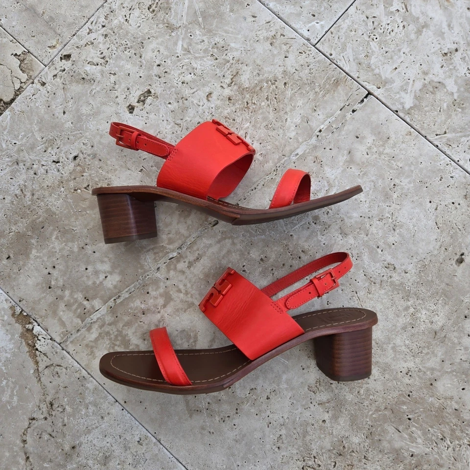 Sandalias de tacón Tory Burch Eleanor para mujer de cuero rojo con logotipo talla 9M zapatos de diseñador Foto 2 de 4