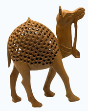 Hand Carved Wooden Camel Sculpture With Indian Jali Work & Inner Camel 9.75"