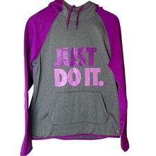 Nike Therma-FIT Hoodie Women M Gray Purple Just Do It Pullover Sweatshirt Sporty