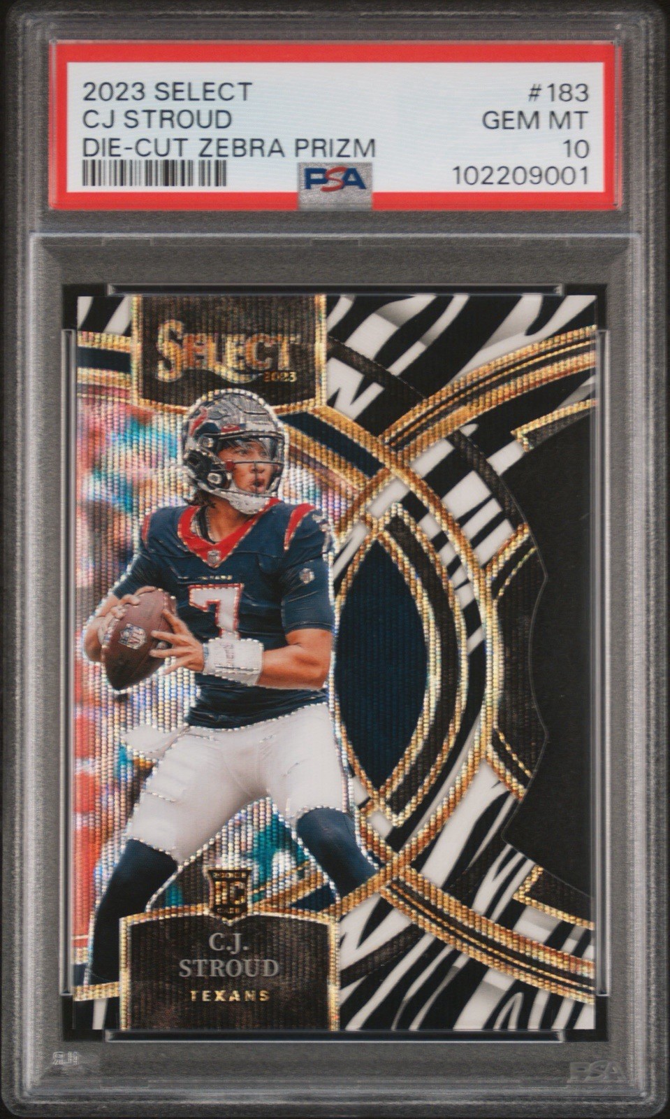 2023 Panini Select Premier Level C.J. Stroud #183 Zebra Prizm Die-Cut RC PSA 10