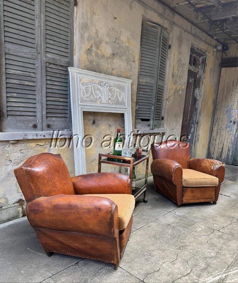 PAR ORIGINAL DE SILLAS CLUB FRANCESAS ART DECO DE CUERO AÑOS 20. USADO / RASGADO Y EXCELENTE Foto 4 de 4