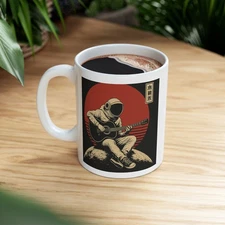 Retro Astronaut Guitar Mug – Vintage Space Art Ceramic Coffee Cup 11oz
