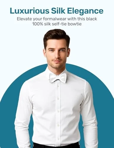  100% Silk Formal Bow Tie, Solid 16MM Silk Self Tie, Wedding & Tuxedo White - Image 2 of 4