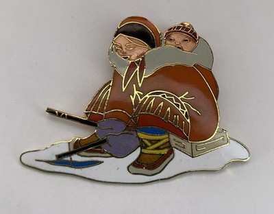 Vintage Inuit Pin Eskimo Mother & Child Fishing 2.25  Gold Tone Beautiful Brooch