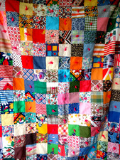 Vtg Handmade Lap Knotted Quilt Multi-Print Colorful Grannycore 37"x45" Farmhouse