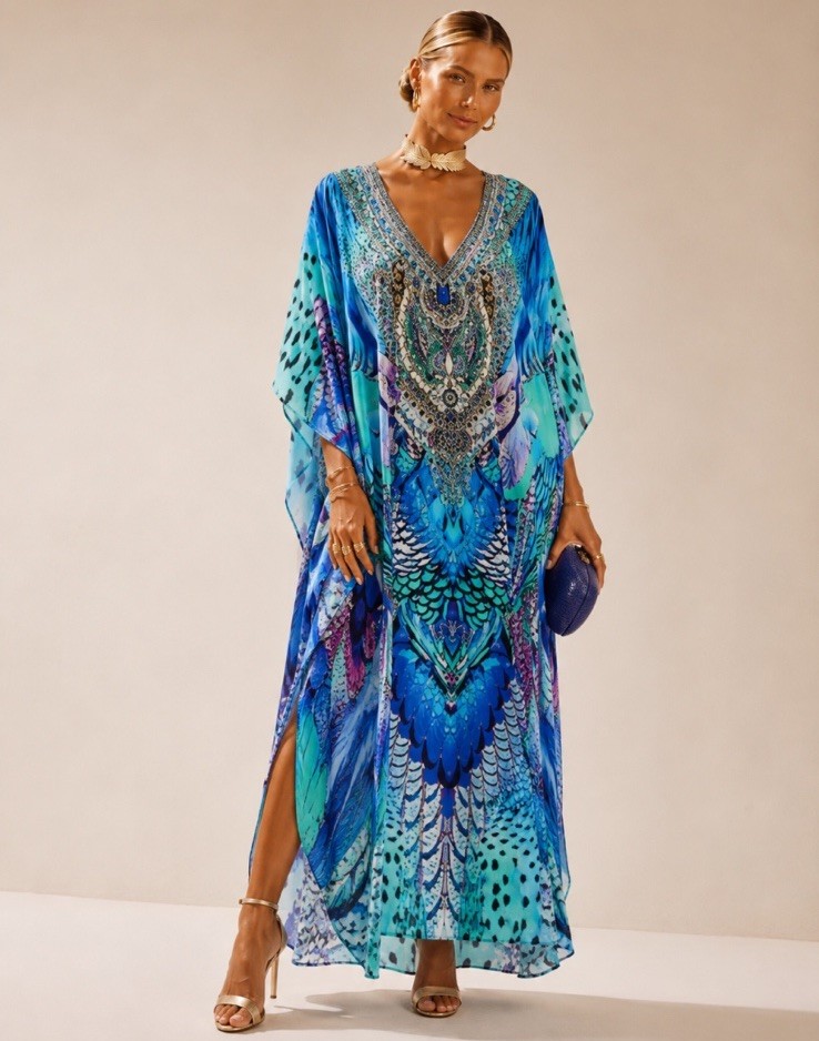 Camilla Long V Neck Kaftan Dress Moon Dance One Size Silk Maxi Resort Vintage