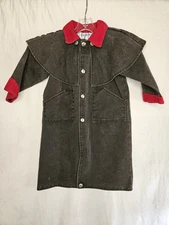 Vintage Youth Western Duster Coat USA Made Black Denim Red Curdoroy Trim Snap 