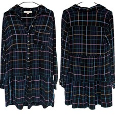 LOFT Multicolor Plaid Button Down Dress Long Sleeve Black Size Small Tiered Hem