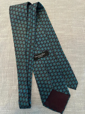 Christian Dior Monsieur Vintage Silk Tie Nautical Rope Chain Print Blue Teal