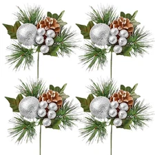 Christmas Artificial Stem with Glitter Bauble Berries and Pine Cone - 4x Silver