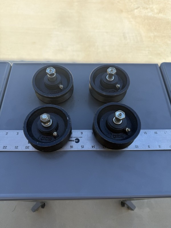 Four V Groove Caster Cast Iron Wheels For Sliding Rolling Door Grease Fittings