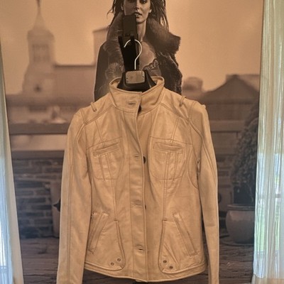 Marc New York Andrew Marc Ivory Leather Jacket XS Women Button Zip Accents