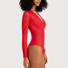 INC Red Lace Mesh Bodysuit Long Sleeve V Neck Thong Lined Cups, Small