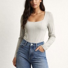 House of Harlow 1960 Base Layer Bodysuit L Beige Square Neck Long Sleeve Minimal