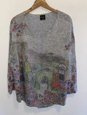 Inoah Artsy Whimsical Ladies & Garden Gray Mulit Color Tunic Top Large