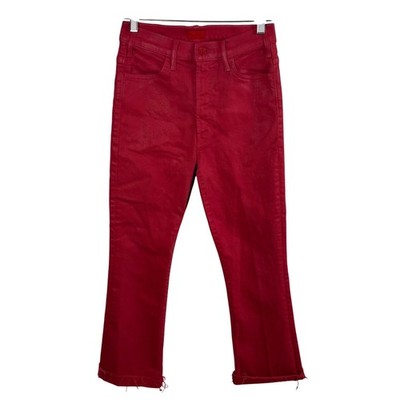 Mother The Hustler Ankle Fray Jeans 27 Red High-Rise Flare Raw Hem Coated Denim