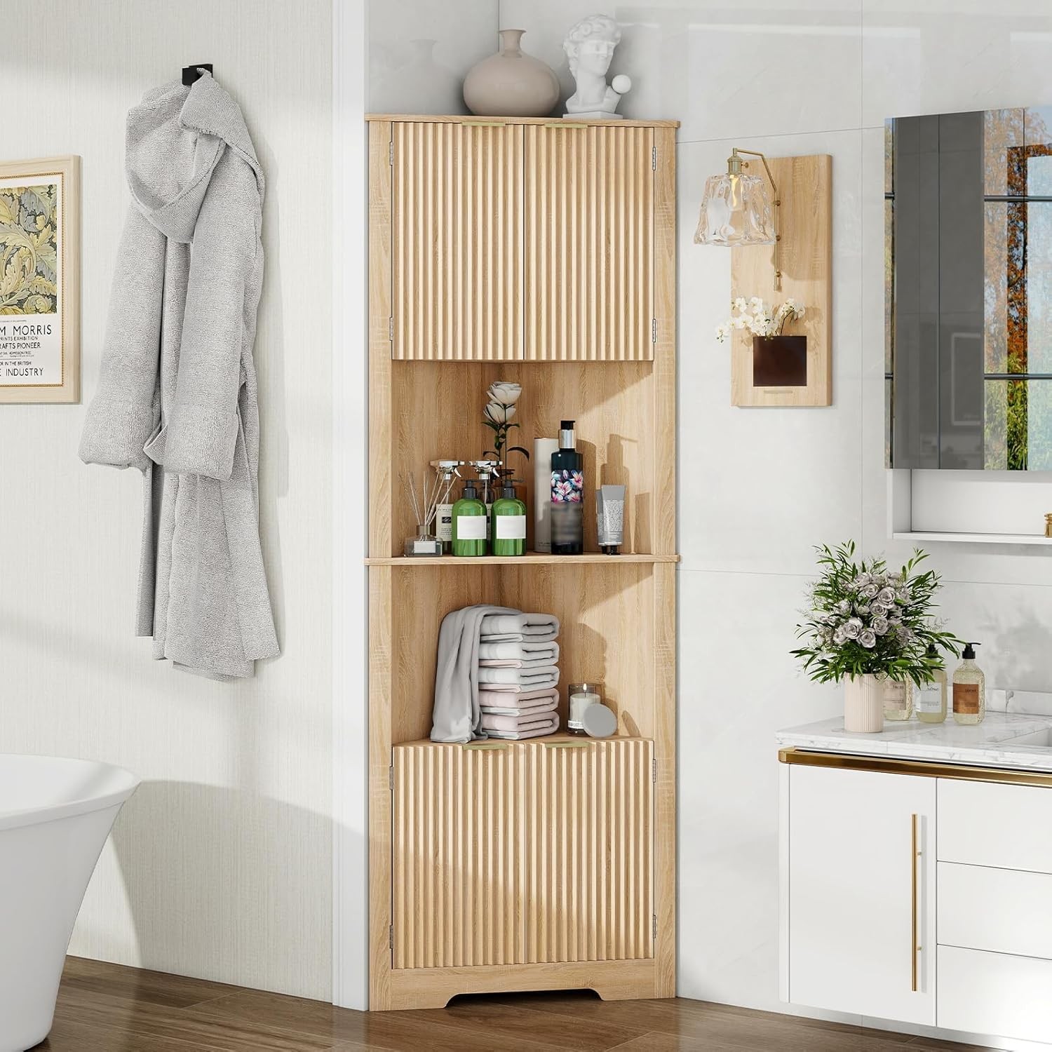 64-Inch Fluted Corner Storage Cabinet with Doors for Organized Spaces