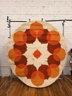 70s Hojer Eksport Wilton Scandinavian Round Rya Rug UNUSED Mid