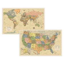2 Pack - Laminated World Map  US Poster Set - Wall Chart of Yellow