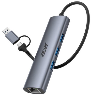 Acer USB to Ethernet Adapter, USBC Hub 1Gbps 0.65FT, Silver Grey