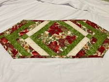 Christmas Poinsettia Quilted Table Runner 13inchesx36 inches Cream, Green