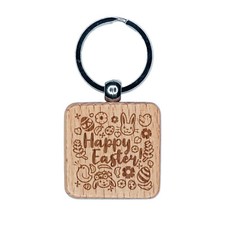 Happy Easter with Bunny Chicks Flowers and Eggs Engraved Wood Square Keychain