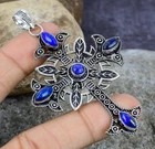 Unique Lapis Lazuli Gemstone Handmade 925 Sterling Silver Cross Pendant Jewelry