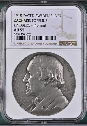 1918-DATED SWEDEN SILVER ZACHARIS TOPELIUS LINDBERG - (45mm) -NGC AU 55