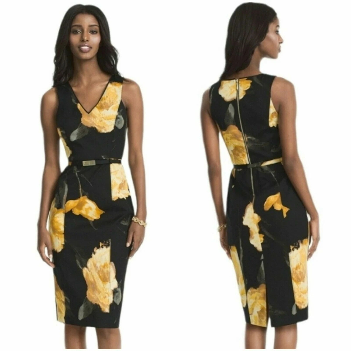 White House Black Market Xs 2 Floral Gold Yellow Sheath dress