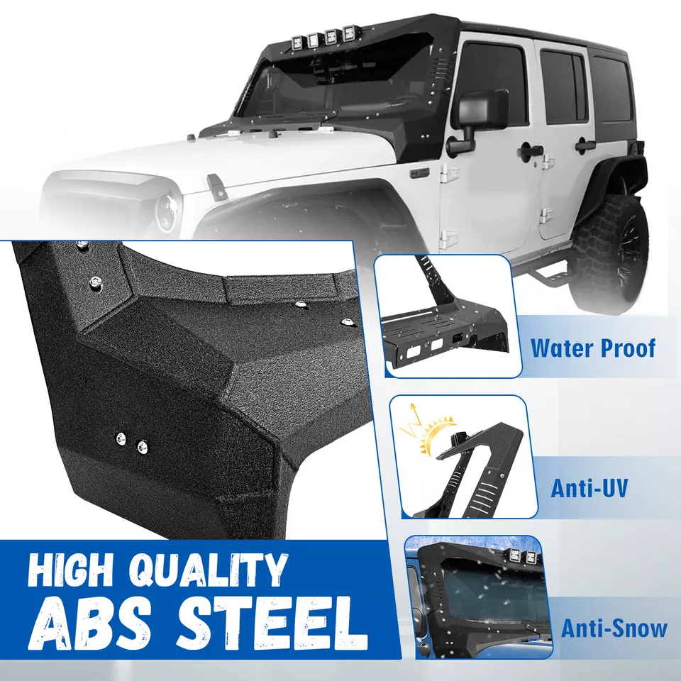 For Jeep Wrangler JK 07-18 Armor Windshield Frame Cover Visor Cowl w/ LED Lights - Image 4 of 4