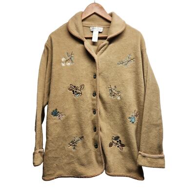 Bonnie Evans Plus Women's Size 1X Fall Winter Embroidered Fleece Button Jacket