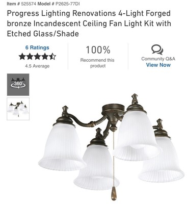 Progress Lighting Renovations 4 Light Ceiling Fan Light Kit Forged