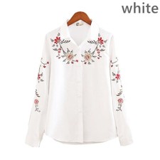 Damen Bluse Hemd Langarm Knopfleiste Bestickt Floral Büro Casual Weiß Polyester