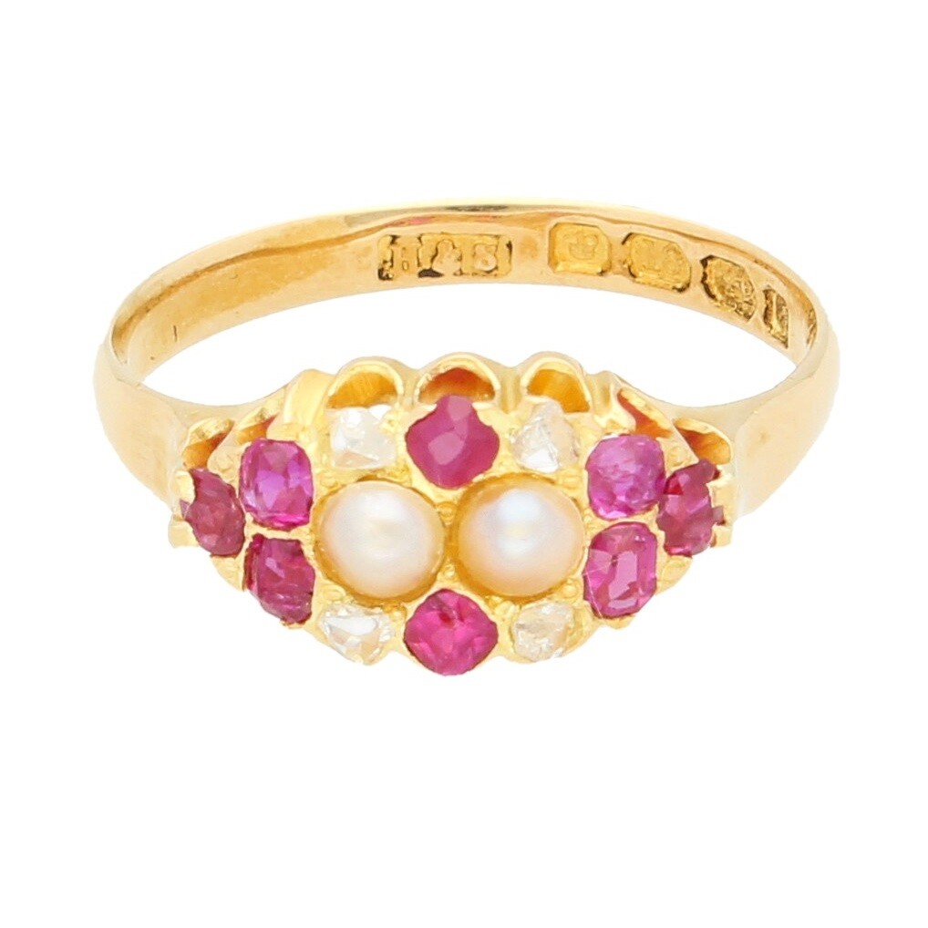 Antique 18Carat Yellow Gold Ruby, Pearl & Diamond Cluster Ring (Size N) 13x8mm