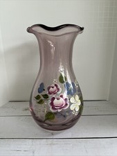 VTG Fenton Designed Teleflora Vase Amethyst Glass Hand Painted Ruffled Edge 8"