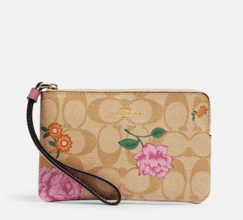 Coach Corner Zip Wristlet In Signature Canvas With Prairie Rose