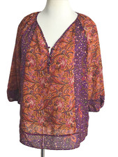 Chaps Womens Boho Tunic Size: L  3/4 Sleeve Multicolor V-Neck Floral Print