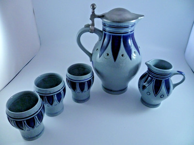 5 Pcs Set Gebruder Plein Stoneware Germany Wine Pitcher Lid & 1 Milk Jug & 3 Cup