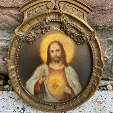 Quadro quadro quadro sacro Gesù con aureola cornice bronzo antico XIX secolo