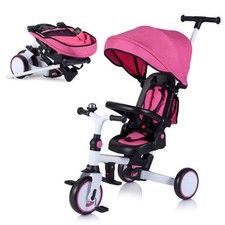8-in-1 Folding Kids Tricycle with Removable Canopy and Push Handle-Pink - Color: