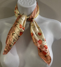 Floral Satin Scarf Peach Cream Square Neck Wrap Vintage Inspired NEW