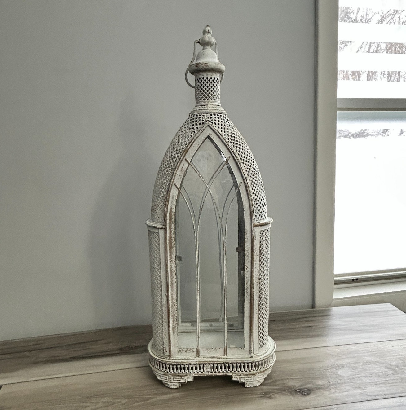 Large Distressed White Metal & Glass Lantern Farmhouse Gothi
