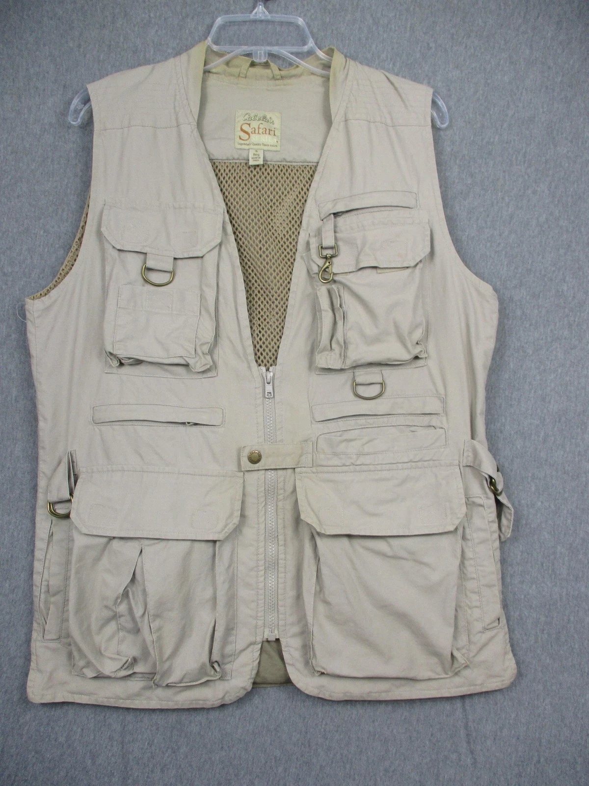 Cabela's Safari Series Vest Mens Small Khaki Multi Pocket Mesh Lined Zip Fishing