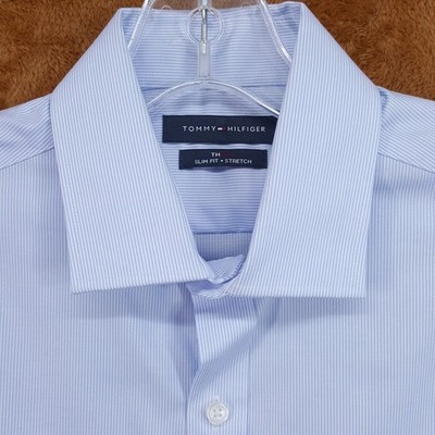 TOMMY HILFIGER Dress Shirt Size 15 32 33 Blue White Stripe Slim Stretch Flex