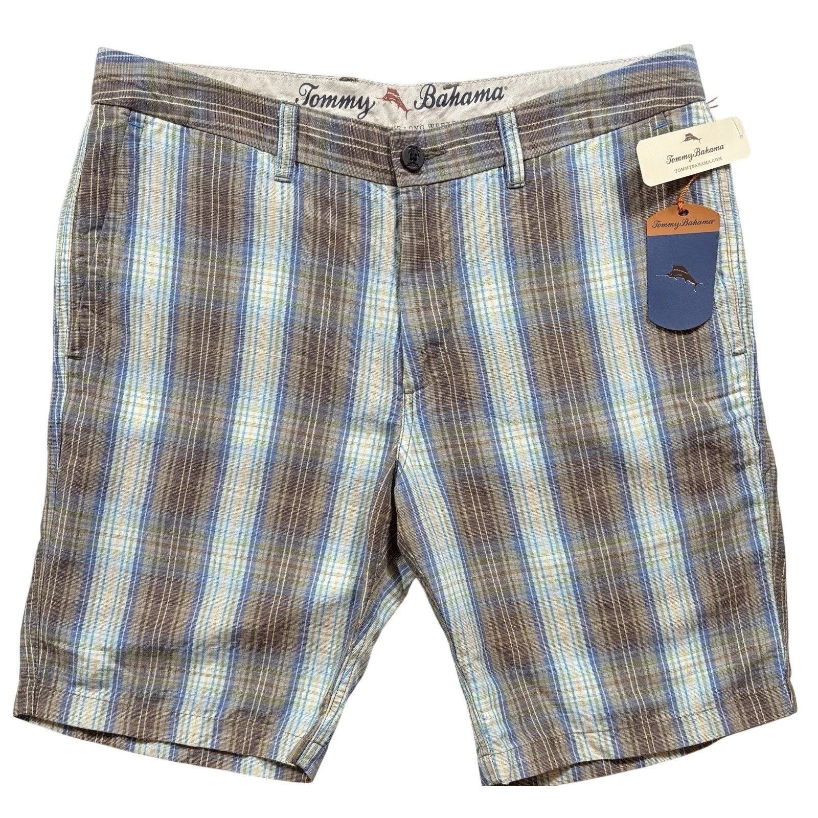 TOMMY BAHAMA Port Madras Plaid 10" Linen Blend Shorts Size 33 NWT $98 - 561