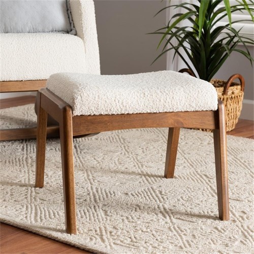 Baxton Studio Roxy White Boucle Upholstered and Brown Wood Ottoman Footstool - Picture 6 of 8